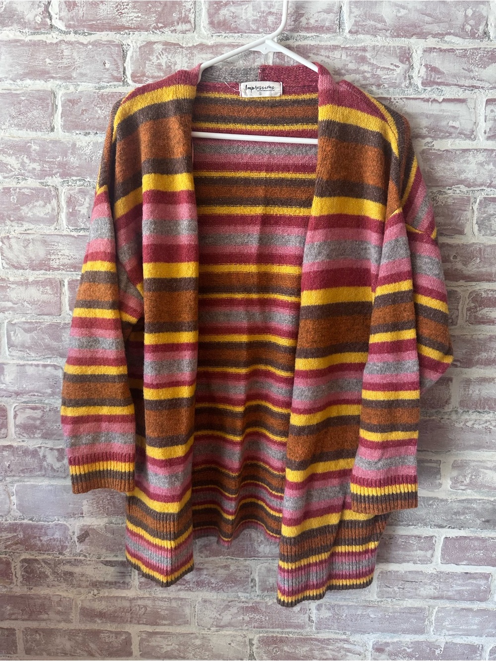 Impressions Striped Open-Front Cardigan in Pink, Brown & Yellow